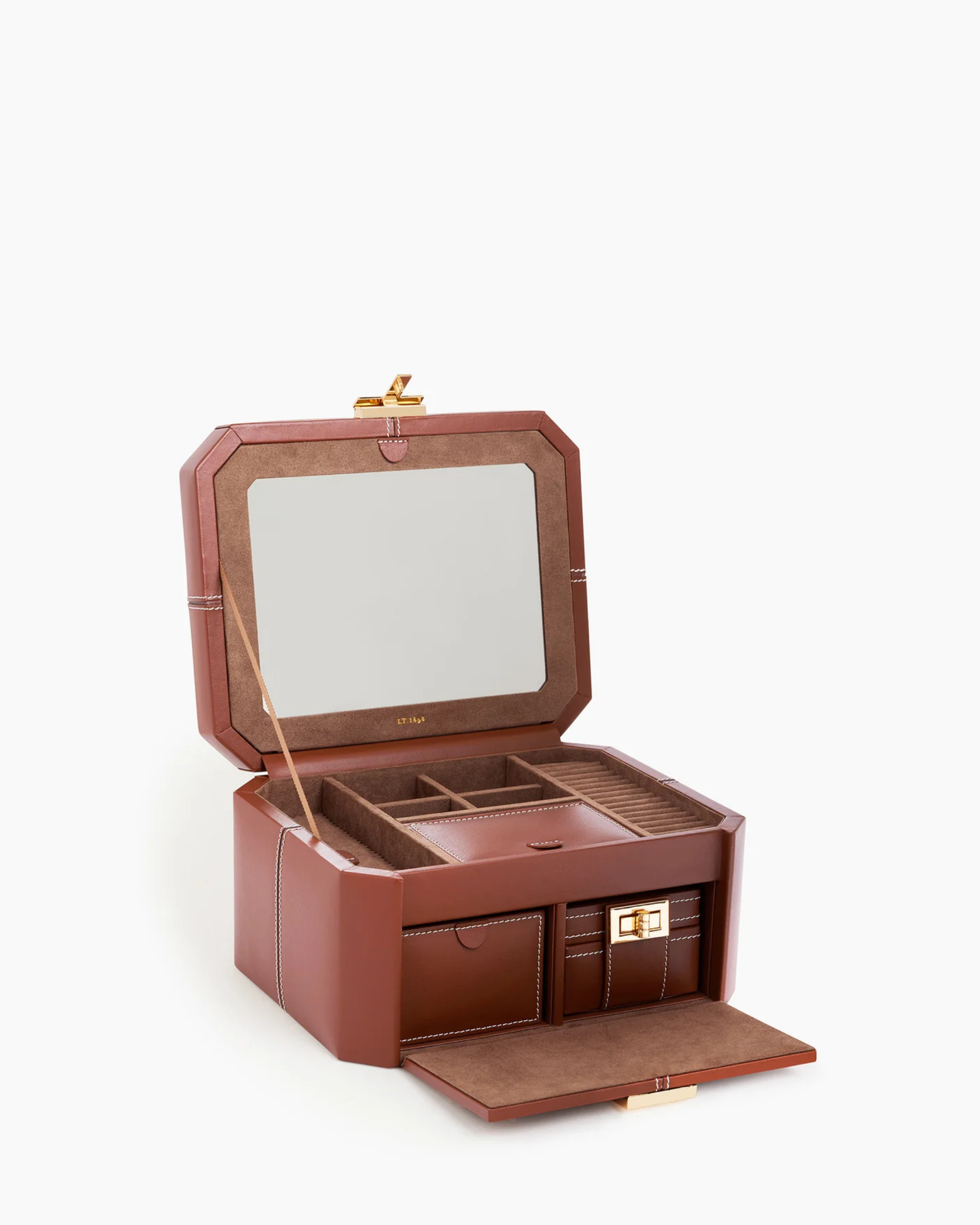 Grande boite à bijoux fermoir T en cuir
