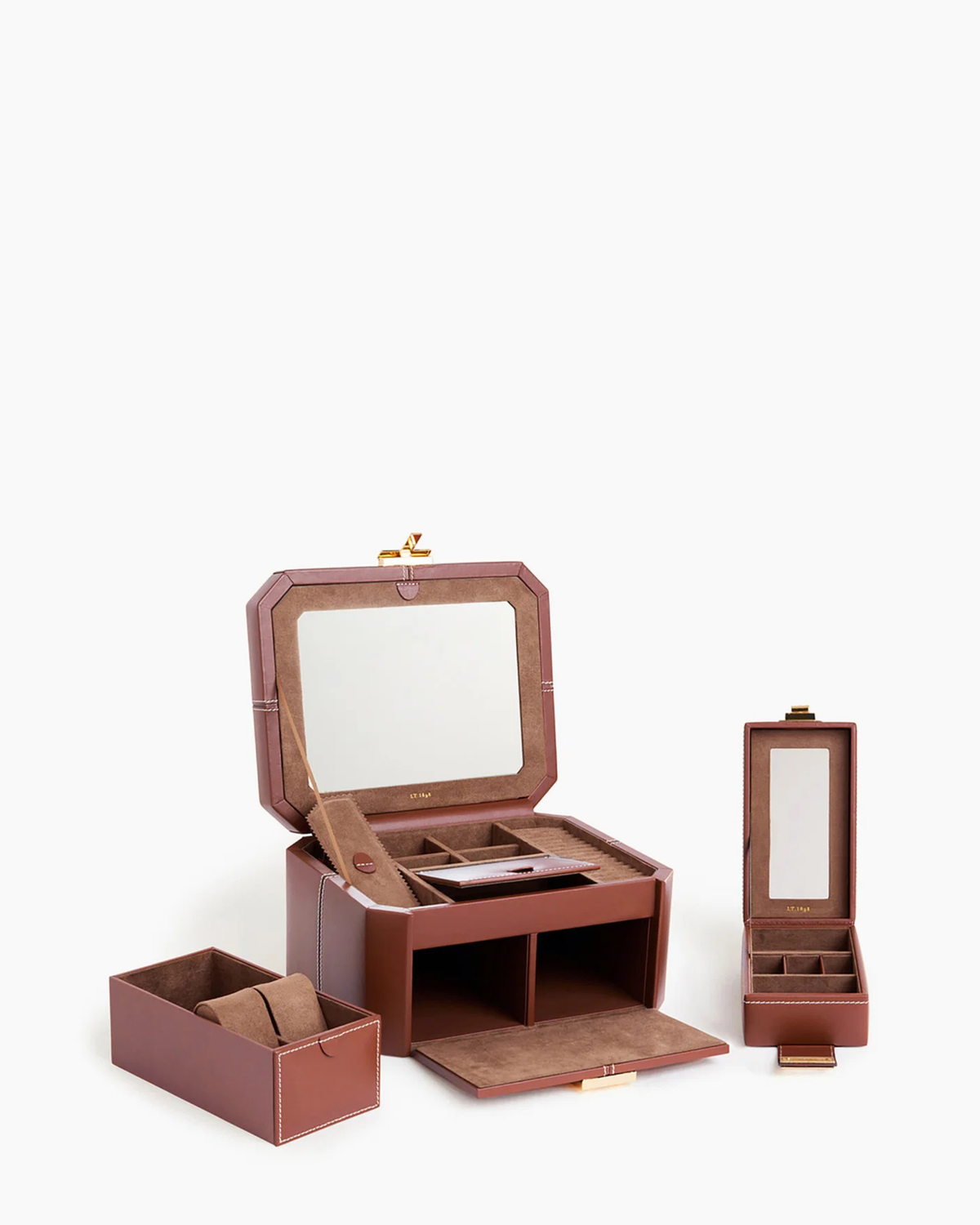 Grande boite à bijoux fermoir T en cuir